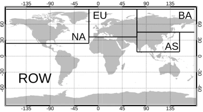 Fig. 3. Source regions for the tagged CO 2 simulation. The regions are denoted boreal Asia (BA), mainland Asia (AS), Europe (EU), North America (NA) and the rest of the world (ROW).