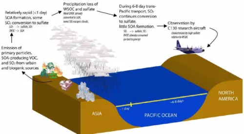 Fig. 4. Schematic of sulfate and SOA formation near the Asian continent with subsequent pre- pre-cipitation loss and sulfate replenishment during transport