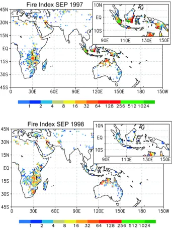 Fig. 3. Fire index as derived from ATSR hotspot data for September 1997 and September 1998.
