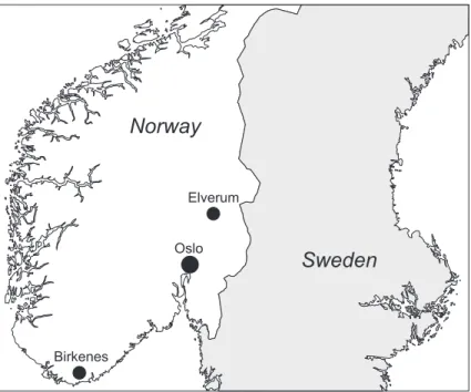Fig. 1. Map of the southern parts of Norway including the location of the sampling sites Birkenes (rural background), Elverum (suburban), and Oslo (curbside and urban background).