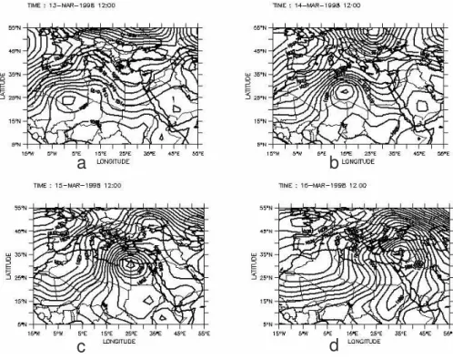 Fig. 1. Surface sea-level-pressure charts (mb) for 12:00 UTC, 13–16 March 1998.