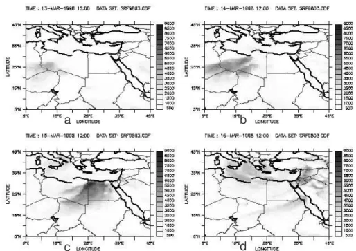Fig. 5. Ventilation index (m 2 s −1 ) during the dust storm event 13–16 March 1998.