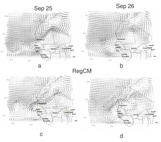 Fig. 7. ERA 40 vs RegCM wind fields (12:00 UTC) at 850 hpa for 25 and 26 September 2000.