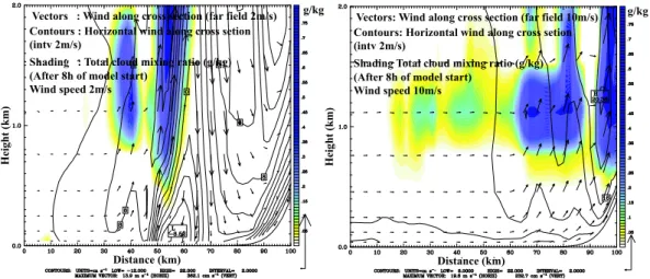 Fig. 9. A close look at the situation upstream of mountain ridge. (A part of the ridge is visible on the bottom right corner.) For slow velocities, topography causes wind blocking