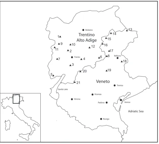 Fig. 1. Sampling area in Trentino and Veneto (Italy).