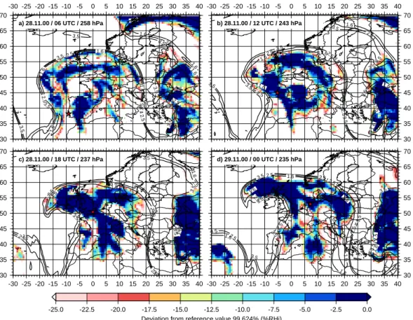 Fig. 8. Evolution of the ice supersaturation layer, measured by the radiosonde at 29 November 2000, 06:00 UTC along the trajectory Tr 31,1 –part 1: (a) t = −24 h, p = 258 hPa; (b) t = −18 h, p = 243 hPa; (c) t = −12 h, p = 237 hPa; d) t = −6 h, p = 235 hPa