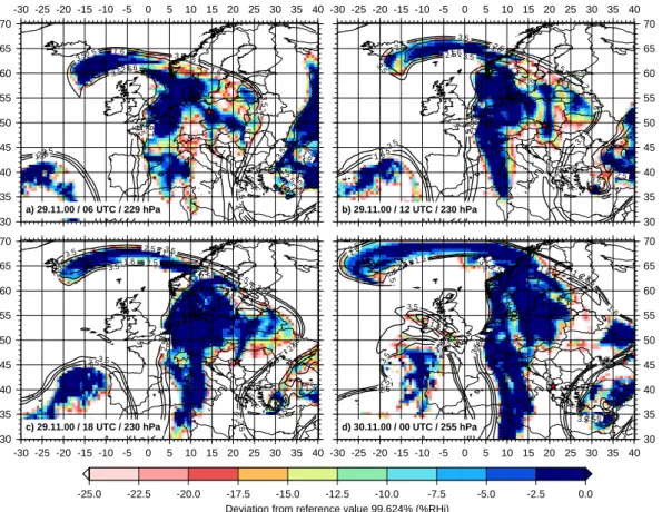 Fig. 9. Evolution of the ice supersaturation layer, measured by the radiosonde at 29 Novem- Novem-ber 2000, 06:00 UTC along the trajectory Tr 31,1 –part 2: (a) t =±0 h, p =229 hPa; (b) t =+6 h, p =230 hPa; (c) t =+12 h, p =230 hPa; (d) t =+18 h, p =255 hPa