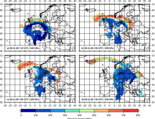 Fig. 10. The maximal ascent of 48 h trajectories (24 h in the upper left panel) are shown for some of the ISSR areas of Figs