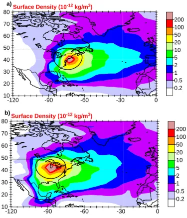 Fig. 4. Annual mean plots of the surface layer densities (10 −12 kg/m 3 ) of the τ = 10 d tracers for (a) New York and (b) Chicago; the black circle on each plot shows the 1000 km radius around the source location.
