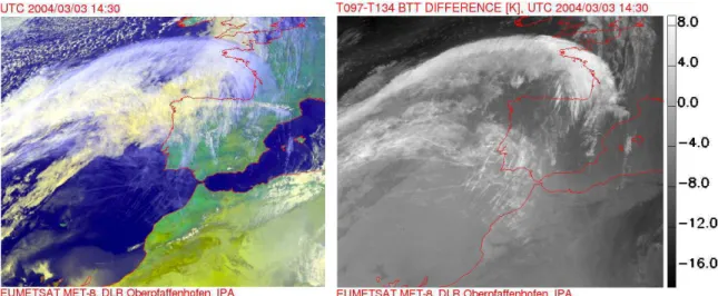 Fig. 11. (Left) False color composite SEVIRI image over North-West Africa and Western Europe for 3 March 2004, 14:30 UTC; (right) brightness temperature difference T 9.7 and T 13.4 between the channels IR9.7 and IR13.4 over North-Western Africa and Western
