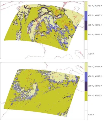 Fig. 13. Comparison between the results of SEVIRI MeCiDA and MODIS-Terra Cirrus Reflectance Flag from the MOD06 L2 product set