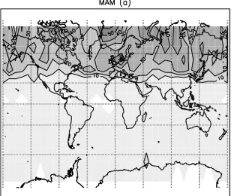 Fig. 6. (a): mean secondary maxima relative frequency in spring, from ozonesonde and SAGE II data