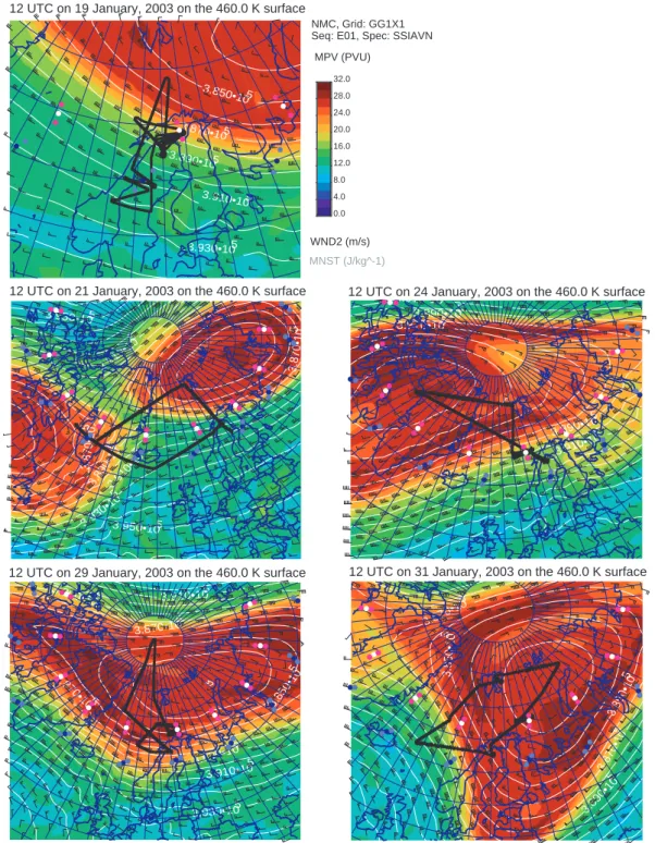 Fig. 1. DC-8 flight tracks (black) superimposed on 12 Z analysis maps of modified potential vorticity (MPV) for the 460 K isentropic surface