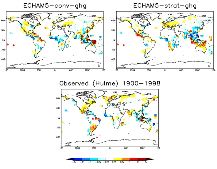 Fig. 8. Observed changes in precipitation [mm d − 1 ] between the 10-year average from 1989–1998 minus the 10-year average from 1901–