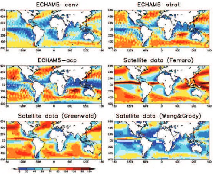 Fig. 1. Annual mean liquid water path [g m − 2 ] from SSM/I observations by Ferraro et al