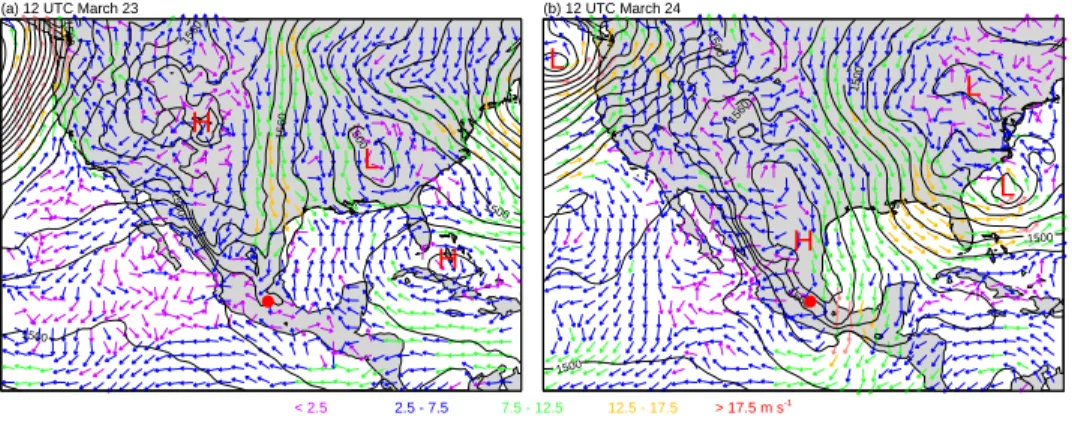 Fig. 6. 850 hPa geopotential heights (contours) and winds (arrows) during the third Norte at (a) 12 UTC 23 March and (b) 12 UTC 24 March.
