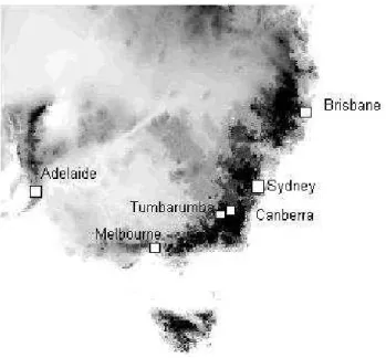 Fig. 1. Elevation map of South-East Australia. The white squares show the location of the major cities and of the Tumbarumba flux station.