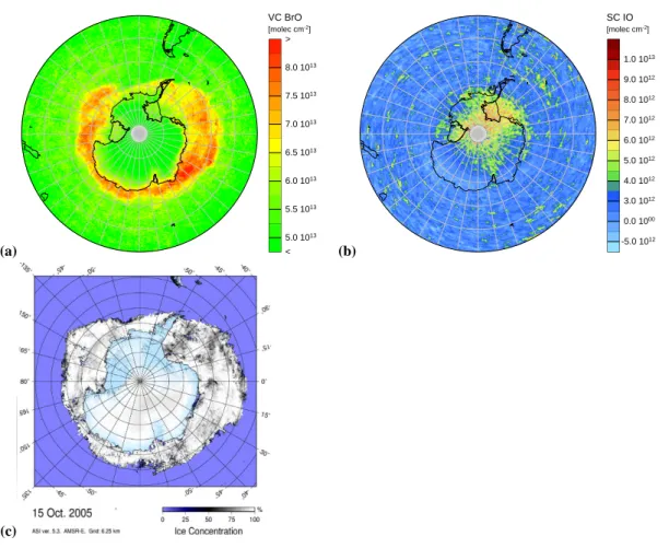 Fig. 7. These maps show the comparisons of the distribution of (a) BrO, (b) IO, averaged for October 2005 and (c) the ice coverage on 15 October 2005 in the Southern Hemisphere