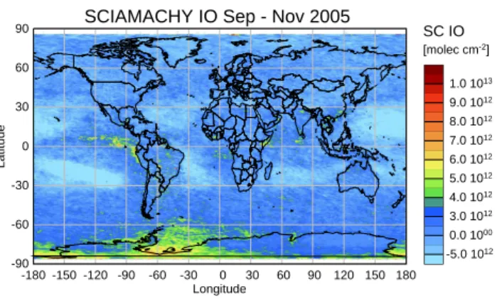 Fig. 4. Iodine oxide slant columns as retrieved from SCIAMACHY nadir measurements averaged over three months (September to November 2005)
