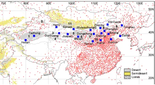 Fig. 1. The distribution map of the stations used to observation SDS in CMA. The red dots are weather stations while the blue squares are SDS observation stations