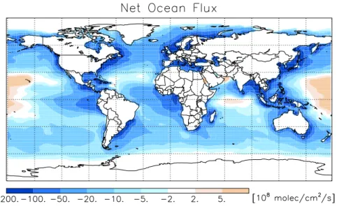 Fig. 3. Net sea-air methanol flux (annual average) for the optimized (BlCp25) simulation