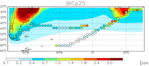 Fig. 4. Summer (15 January–15 March) methanol concentrations in surface air over the South Atlantic