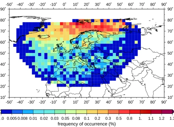 Fig. 1. Map of the frequency of occurrence of ice supersaturation in the TOVS UTHi product obtained from HIRS/2 channel 12 radiance which is sensitive to altitudes between about 300 and 500 hPa.