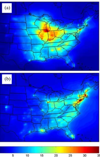 Fig. 1. Average PM 2.5 concentrations (µg m −3 ) for the modeled periods of (a) July 2001 and (b) January 2002.