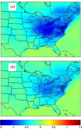 Fig. 4. Average changes in (a) total PM 2.5 (µg m −3 ) and (b) PM 2.5 nitrate in January for a 2.5 K temperature increase.