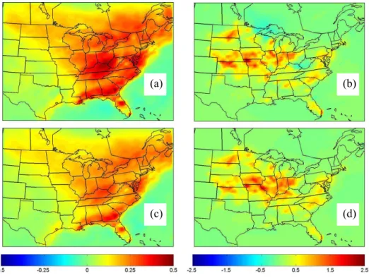 Fig. 7. Average changes in total PM 2.5 (µg m −3 ) in (a) January and (b) July, and PM 2.5 nitrate in (c) January and (d) July for a 10% increase in absolute humidity.