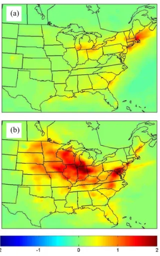 Fig. 8. Average changes in PM 2.5 concentrations (µg m −3 ) due to a one-layer decrease (ap- (ap-proximately 150 m) in mixing height in (a) January and (b) July.