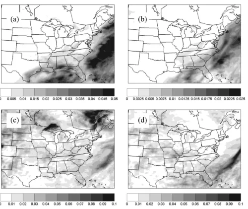 Fig. 9. Column- and simulation-averaged base case (a) January cloud water content (g m −3 ), (b) January precipitation water content (g m −3 ), (c) July cloud water content (g m −3 ), and (d) July precipitation water content (g m −3 ).