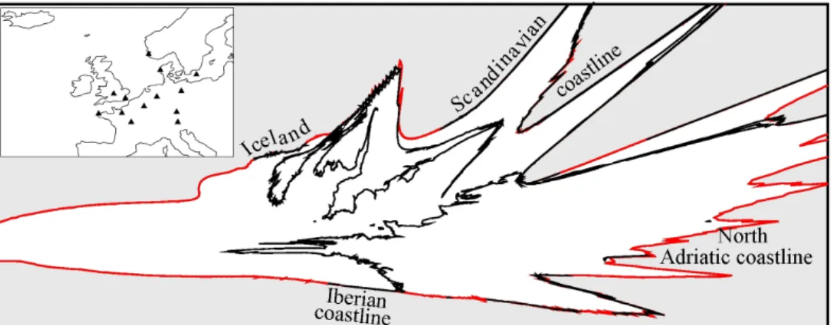 Fig. 4. Enlargement of the Fig. 3 (b3bis) with emphasis to the coastlines in black, especially close to the horizon in red