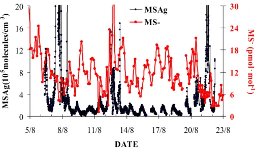 Fig. 10. Variation of atmospheric molecular concentrations of MSAg and aerosol MS − during the campaign.