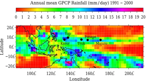 Fig. 8. The locations of the five high resolution radiosonde stations discussed in this paper, superimposed on a map of climatological rainfall.