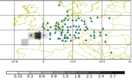 Fig. 5. ETEX-II. Total reconstructed mass in each spatial grid-cell for the resolution of 2.25 ◦ × 2.25 ◦ 