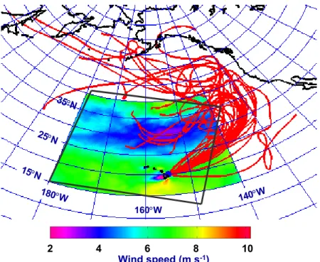 Fig. 1. Mean surface wind field for September 2001 obtained at the ECMWF. The solid red lines denote 10 days back trajectories with a starting height of 400 m at 24:00 UTC obtained by the NOAA HYSPLIT model