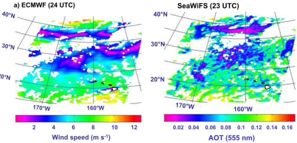 Fig. 3. (a) surface wind speed and (b) retrieved AOT obtained by the ECMWF model and based on SeaWiFS data, respectively, for the 11 September 2001.