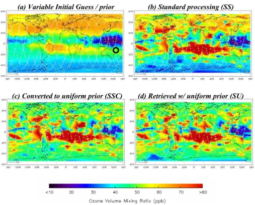 Fig. 1. TES retrieved ozone at 681 hPa. Panel (a) shows the standard globally variable TES a priori and initial states, with observation location shown with white + ’s