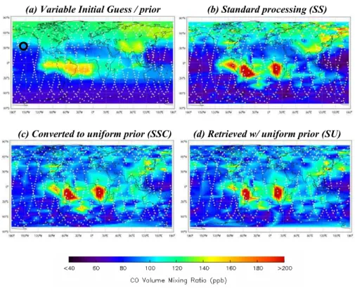 Fig. 2. TES retrieved carbon monoxide at 681 hPa. Panel (a) shows the variable TES a priori