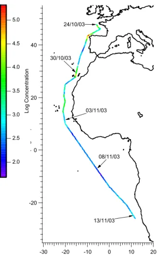 Fig. 1. Ship track from cruise ANT XXI/1 October–November 2003 coloured to the total number concentration (Dp &gt;30 nm).