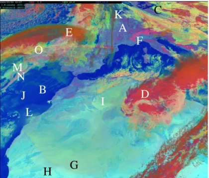 Fig. 6. With the RGB composition for the “Day Microphysical” color scheme, water clouds (C), contrails (B), ice clouds (D), ice clouds with small particles (E), snow (F), and fires can be detected.