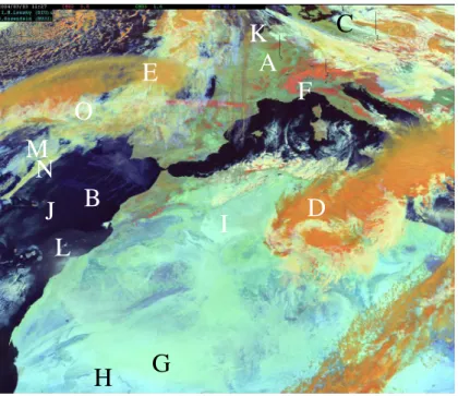 Fig. 7. With the RGB composition for the “Day Solar” color scheme, vegetation (A), water clouds (C), ice clouds (D), ice clouds with small particles (E), snow (F), and fires can be detected.