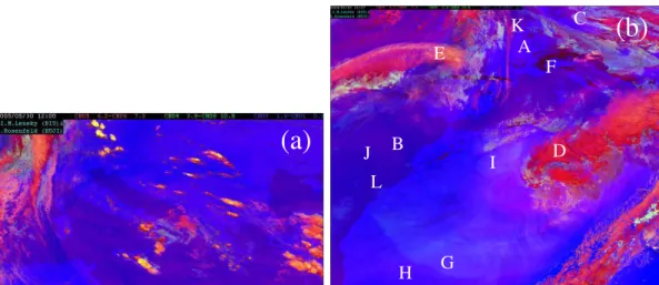 Fig. 9. “Convective Storms” color scheme. (a) Vigorous and severe convective storms appear bright yellow in this color scheme because of the small negative BTD 6.2−7.3 of Cb clouds (high red)