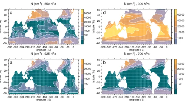 Fig. 5. Concentration of supercritical aerosol calculated with our model for noon of 21 March, using the solar maximum ionization rates of Fig