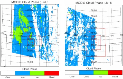 Fig. 5. The MODIS-derived cloud phase images obtained on 5 July 2002 (left), and 8 July 2002 (right)