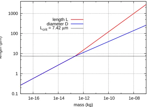 Fig. 1. Length (L) and diameter (D) of hexagonal ice crystals as functions of the ice crystal mass m.