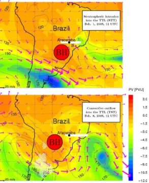Fig. 6. Map of ECMWF potential vorticity (PV) at θ =360 K on 1 February (top) and on 8 February, 12:00 UT (bottom)