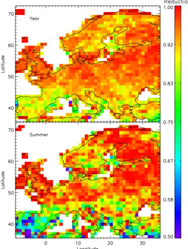 Fig. 4. Relative reduction in clouded observations (up to 5% cloudiness thresshold) over Eu- Eu-rope, when increasing sensor resolution from 3200 km 2 to 100 km 2 