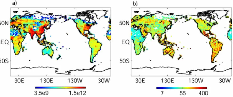 Figure 2. Ensemble-spread of CAM3 total surface CO emissions for the month of April 2006 